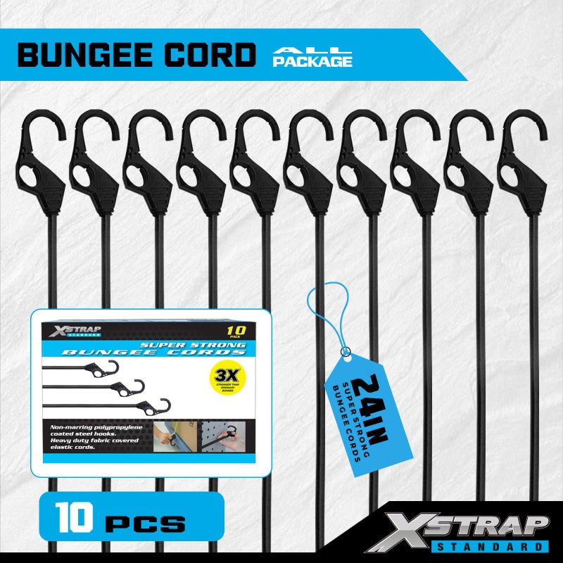 XSTRAP STANDARD Heavy Duty Bungee Cords 10PK Premium Bungee Cords with Finger-Hole Hooks for Camping, Car, Truck, Tents, Luggage Rack, and Cargo (10pcs Black, 24inch) - Image 2